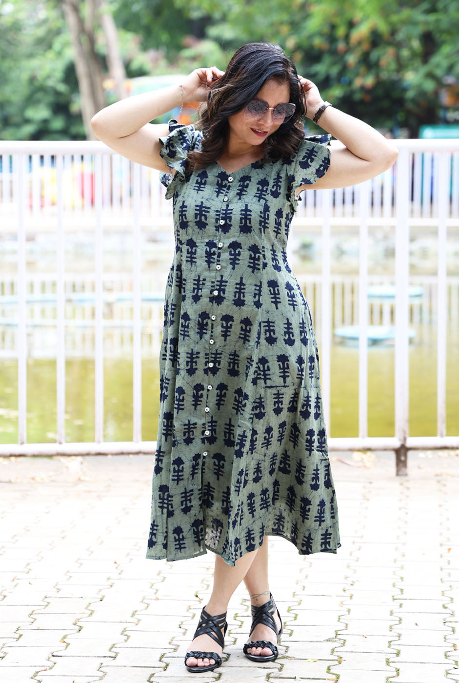 Military Green Dobi Cotton A-Line Dress with Mull Lining