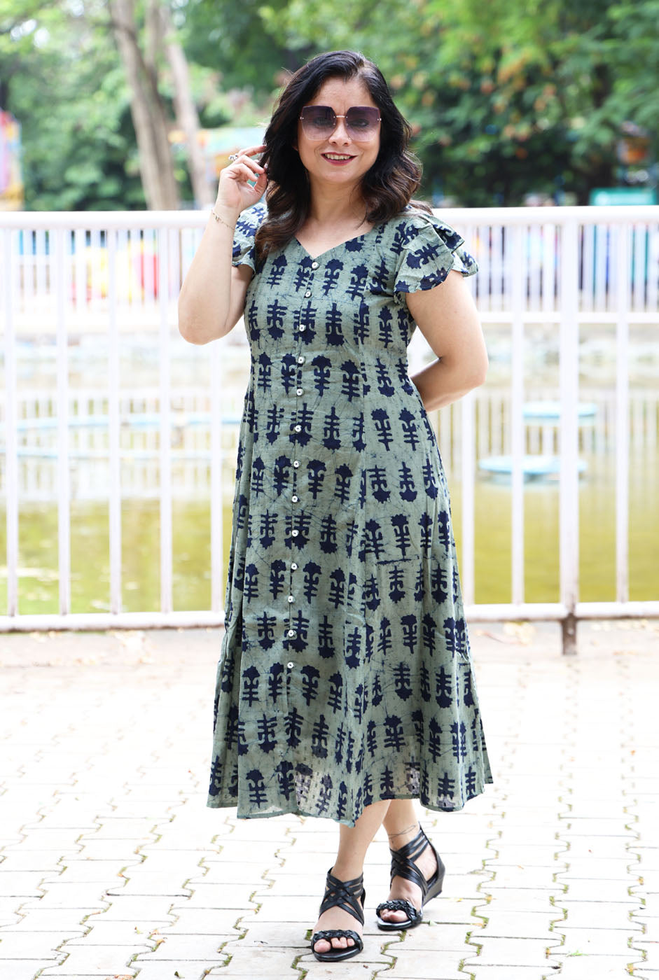 Military Green Dobi Cotton A-Line Dress with Mull Lining