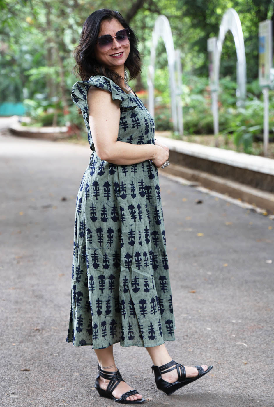 Military Green Dobi Cotton A-Line Dress with Mull Lining