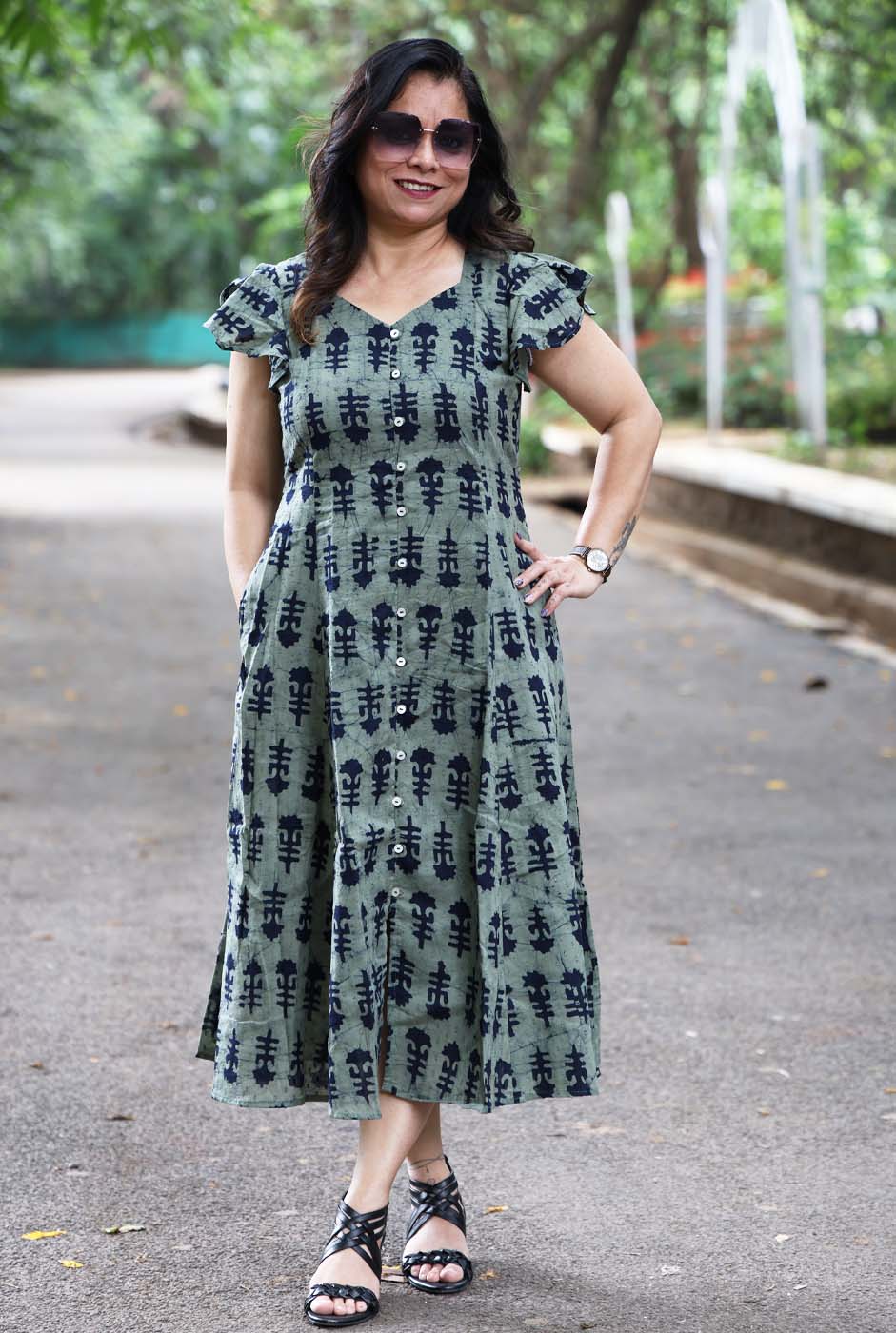 Military Green Dobi Cotton A-Line Dress with Mull Lining