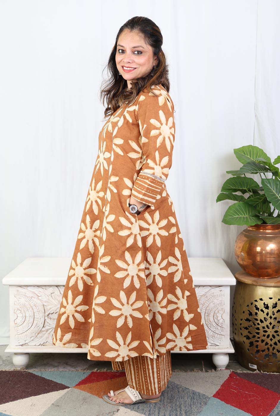 Brown Dabu Handblock Kurta Pant Set