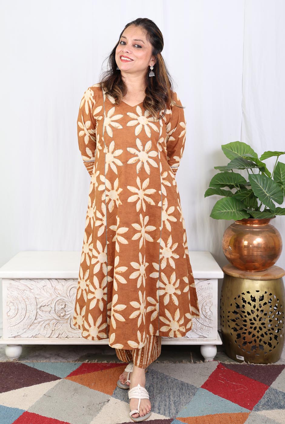 Brown Dabu Handblock Kurta Pant Set