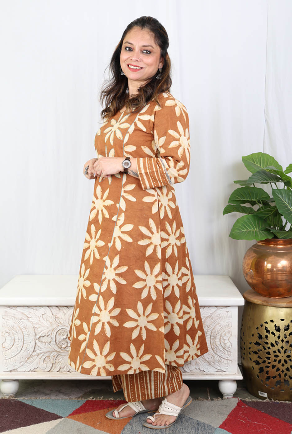 Brown Dabu Handblock Kurta Pant Set