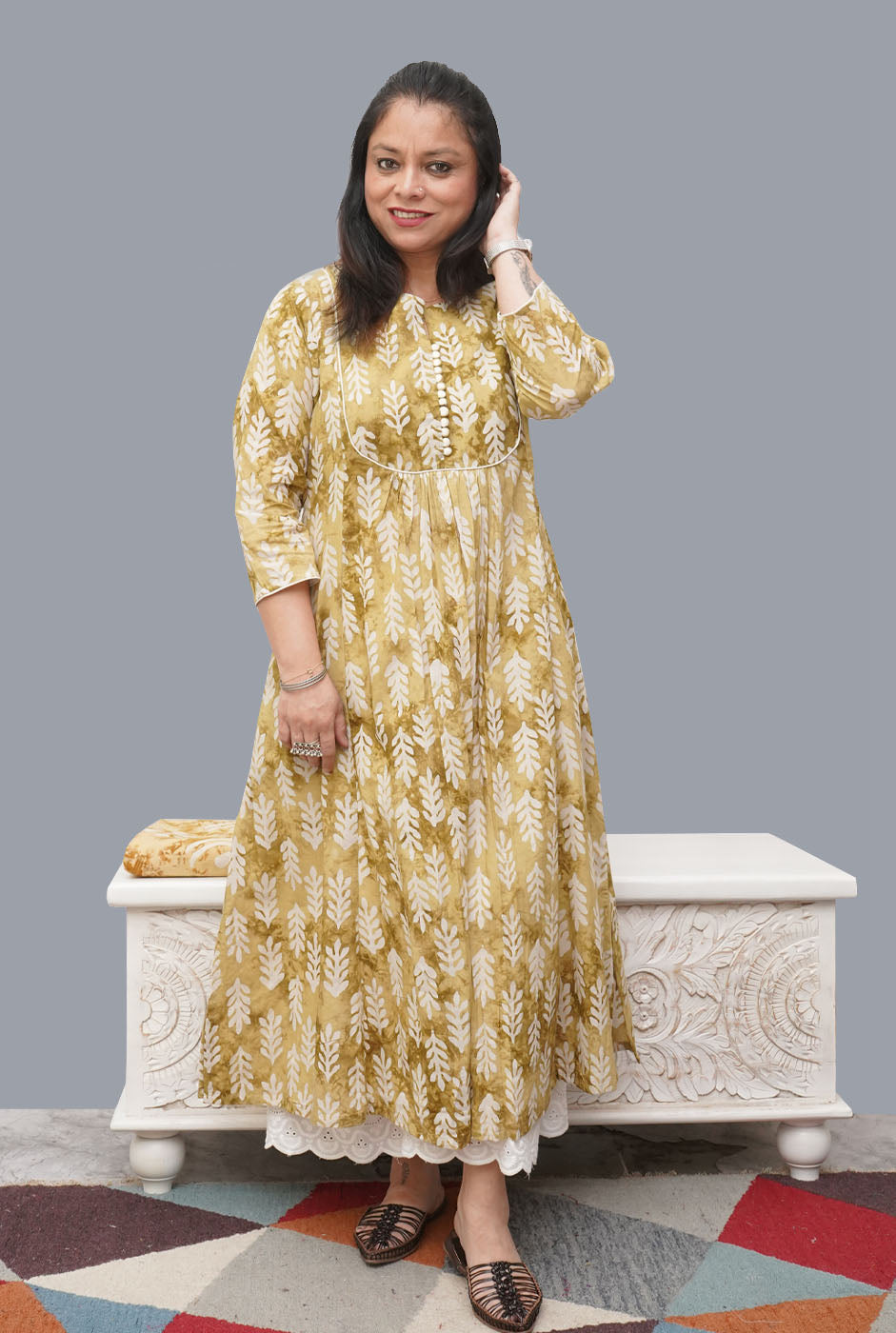 Cotton Mehendi Yellow Wax Batik A-Line Kurti