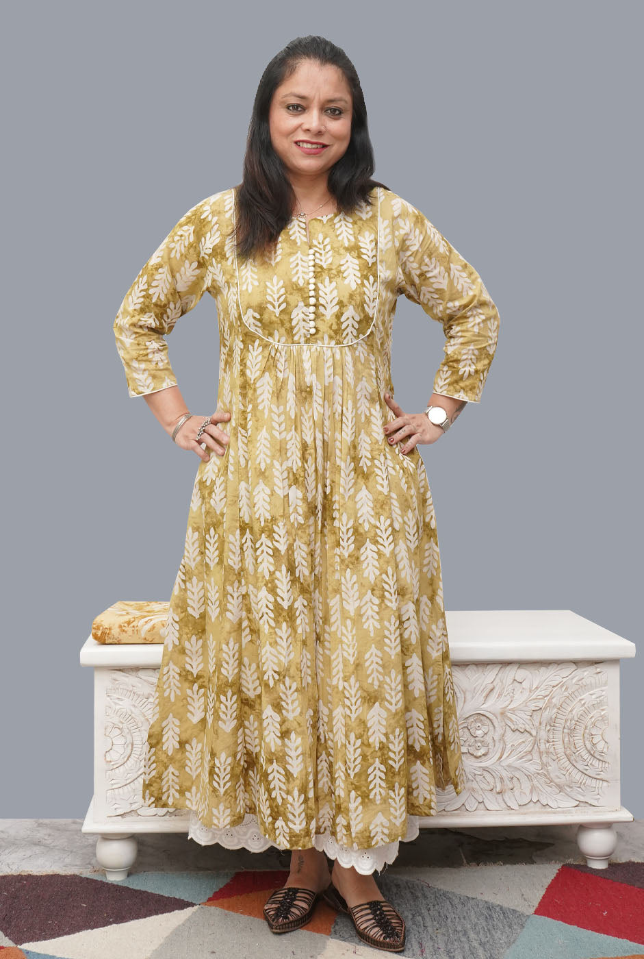 Cotton Mehendi Yellow Wax Batik A-Line Kurti
