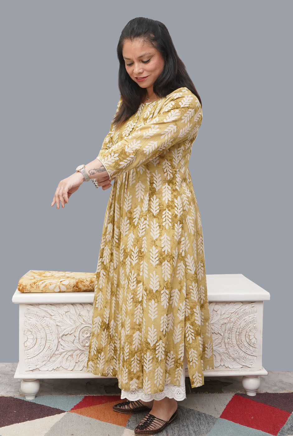 Cotton Mehendi Yellow Wax Batik A-Line Kurti