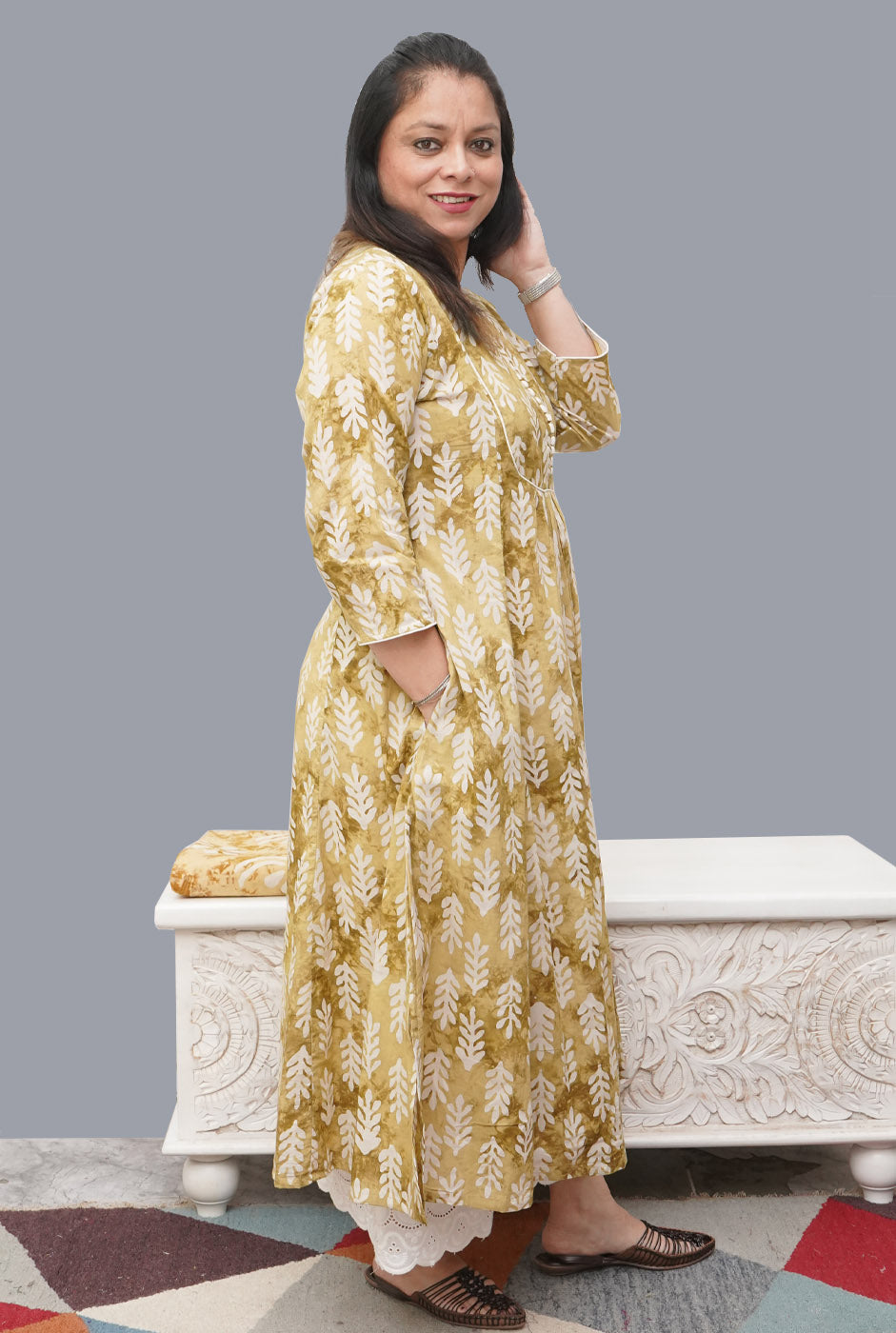 Cotton Mehendi Yellow Wax Batik A-Line Kurti