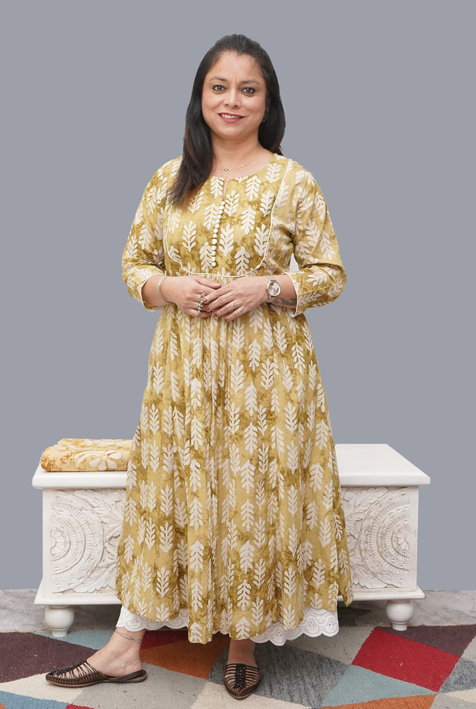 Cotton Mehendi Yellow Wax Batik A-Line Kurti