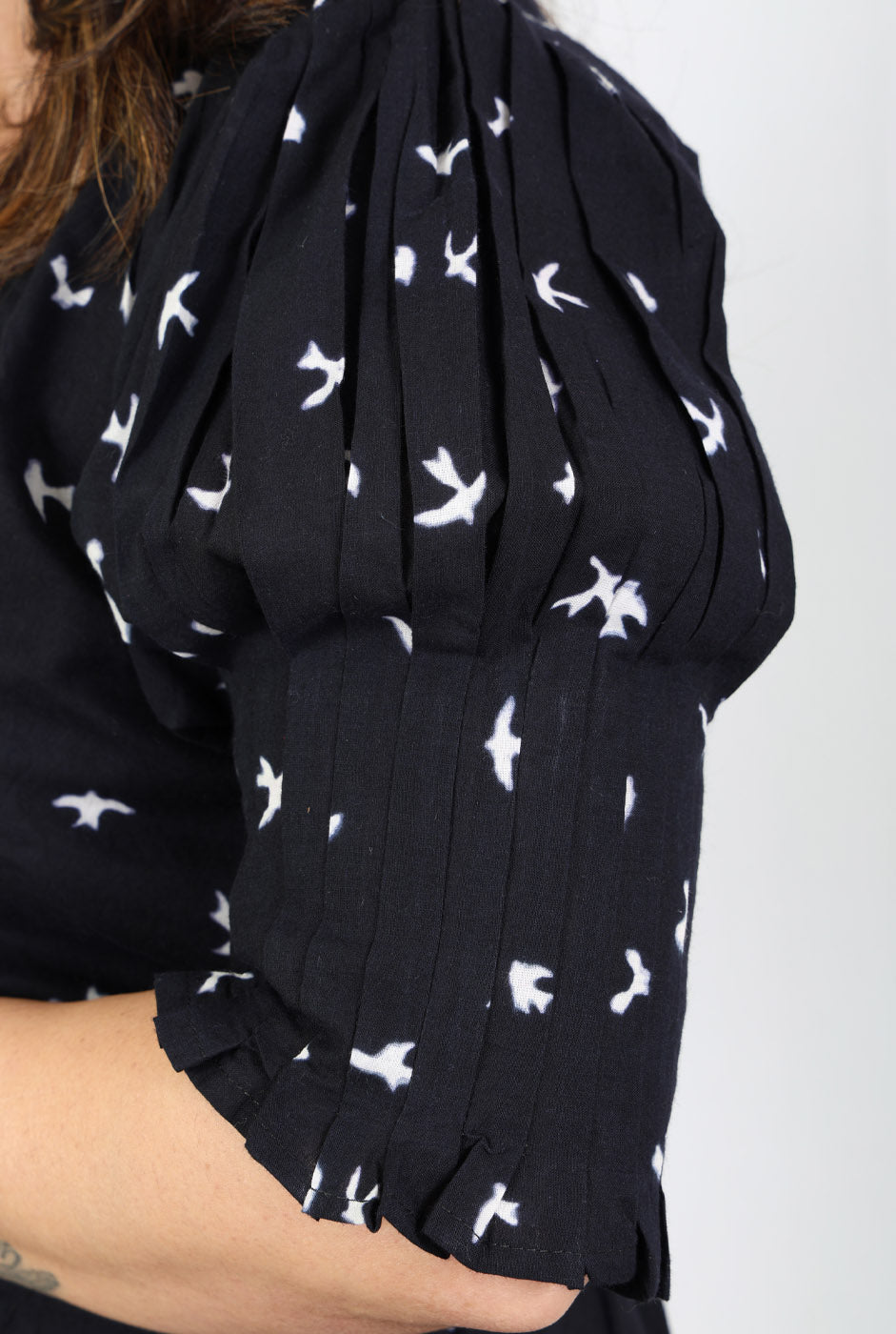 Black Bird Block A-Line Dress with Mull Lining