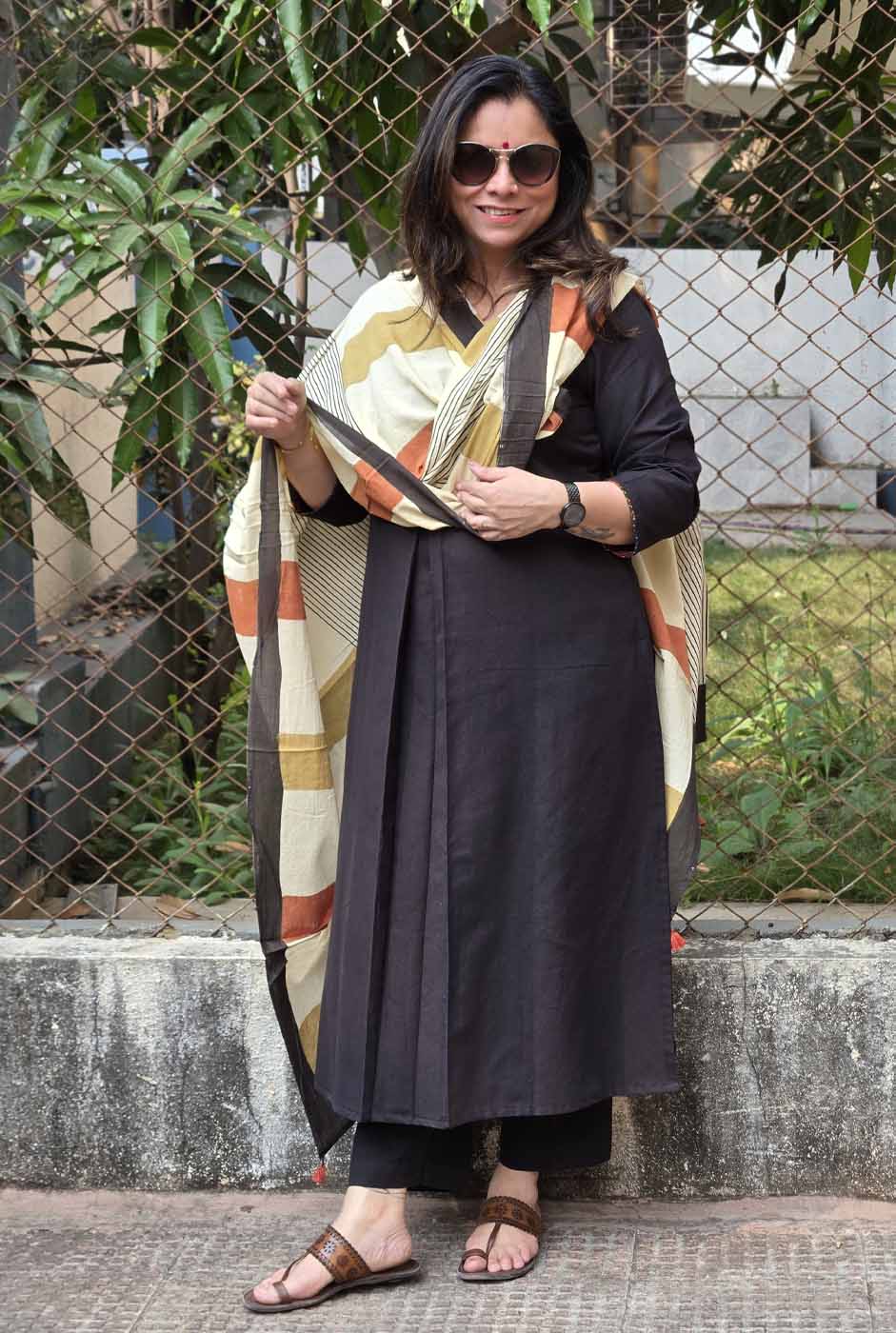 Black Handloom Kurta with Front Pleat