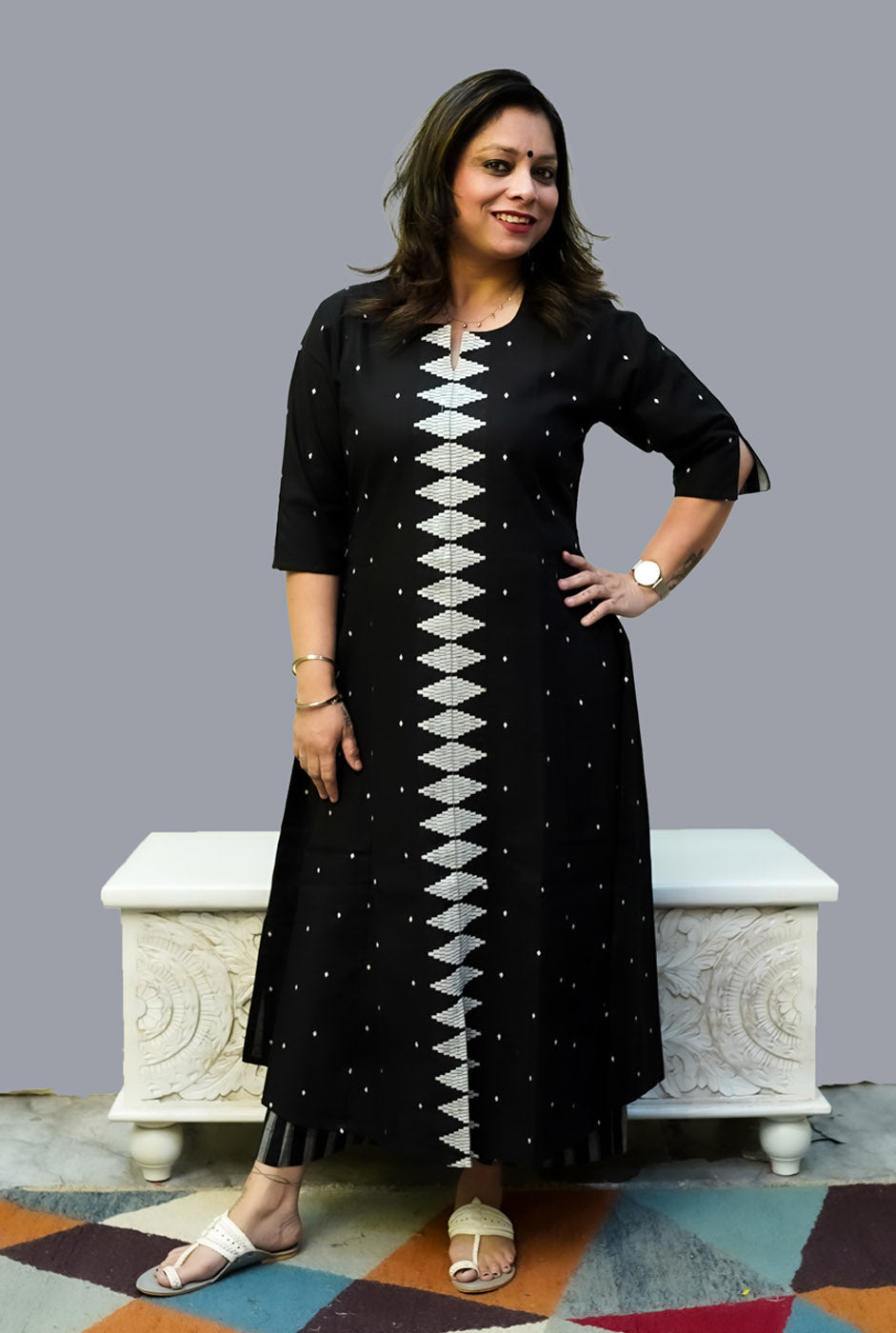 Nazakat Handloom Cotton Black Kurti Pant Set