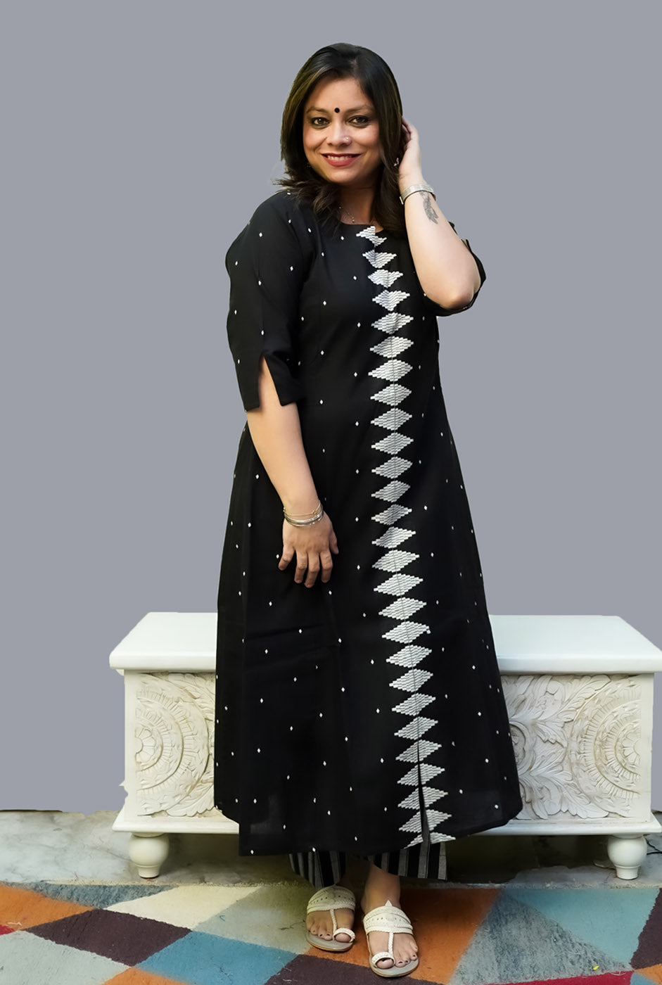 Nazakat Handloom Cotton Black Kurti Pant Set