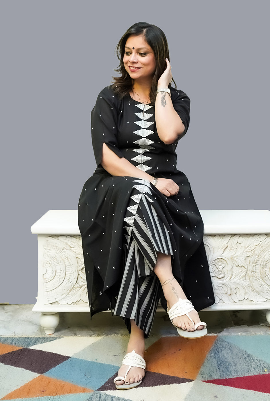 Nazakat Handloom Cotton Black Kurti Pant Set