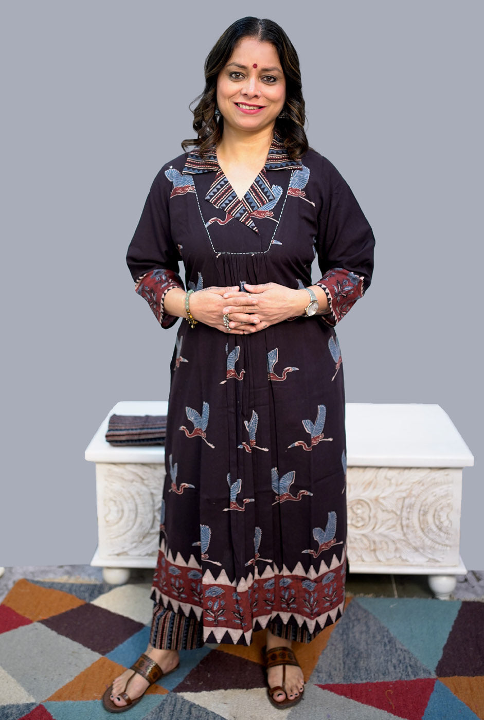 Black Ajrakh Gathered Embroidered Kurta