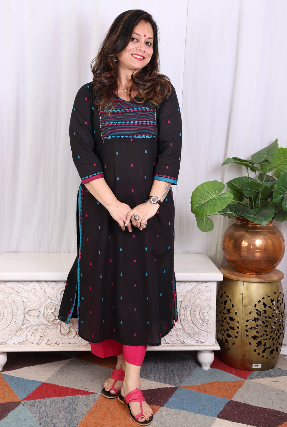 Black kurta pant set with angrakha yoke & kantha work