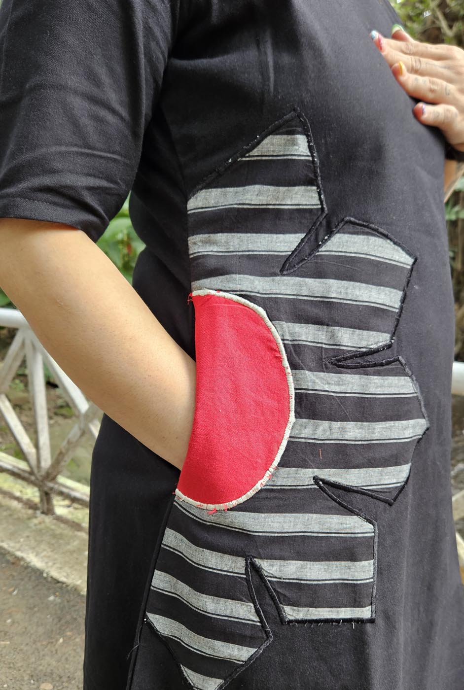 Black Knee-Length Cotton Dress with Patchwork Detailing