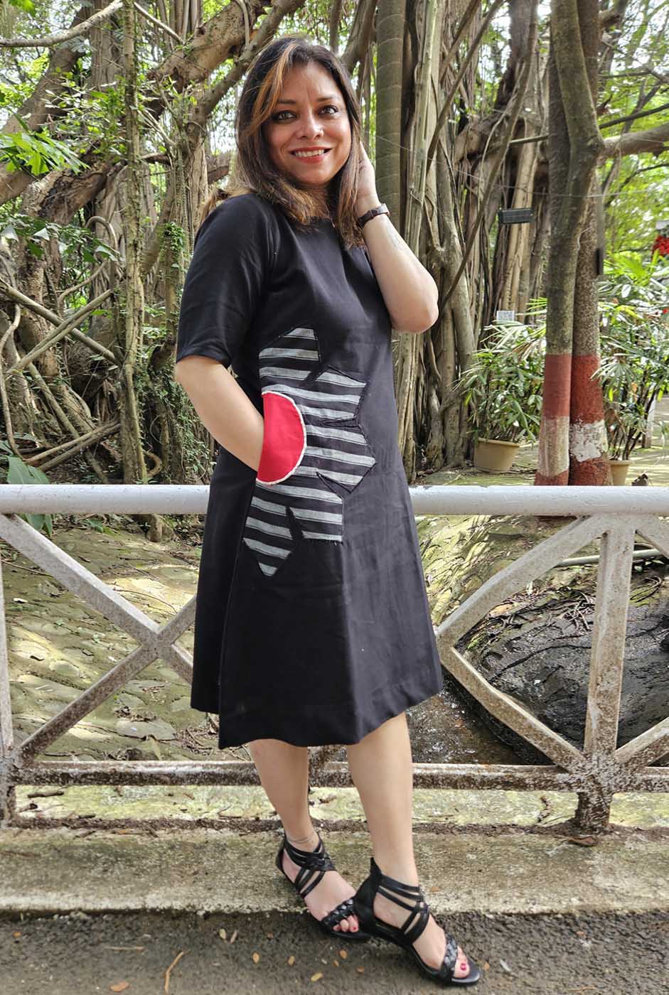 Black Knee-Length Cotton Dress with Patchwork Detailing