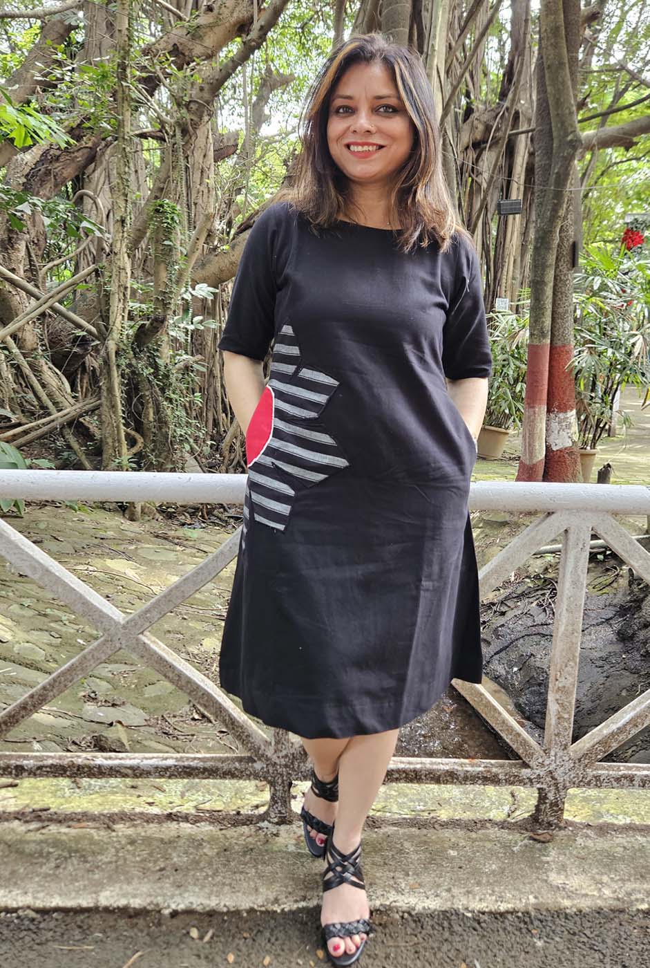 Black Knee-Length Cotton Dress with Patchwork Detailing
