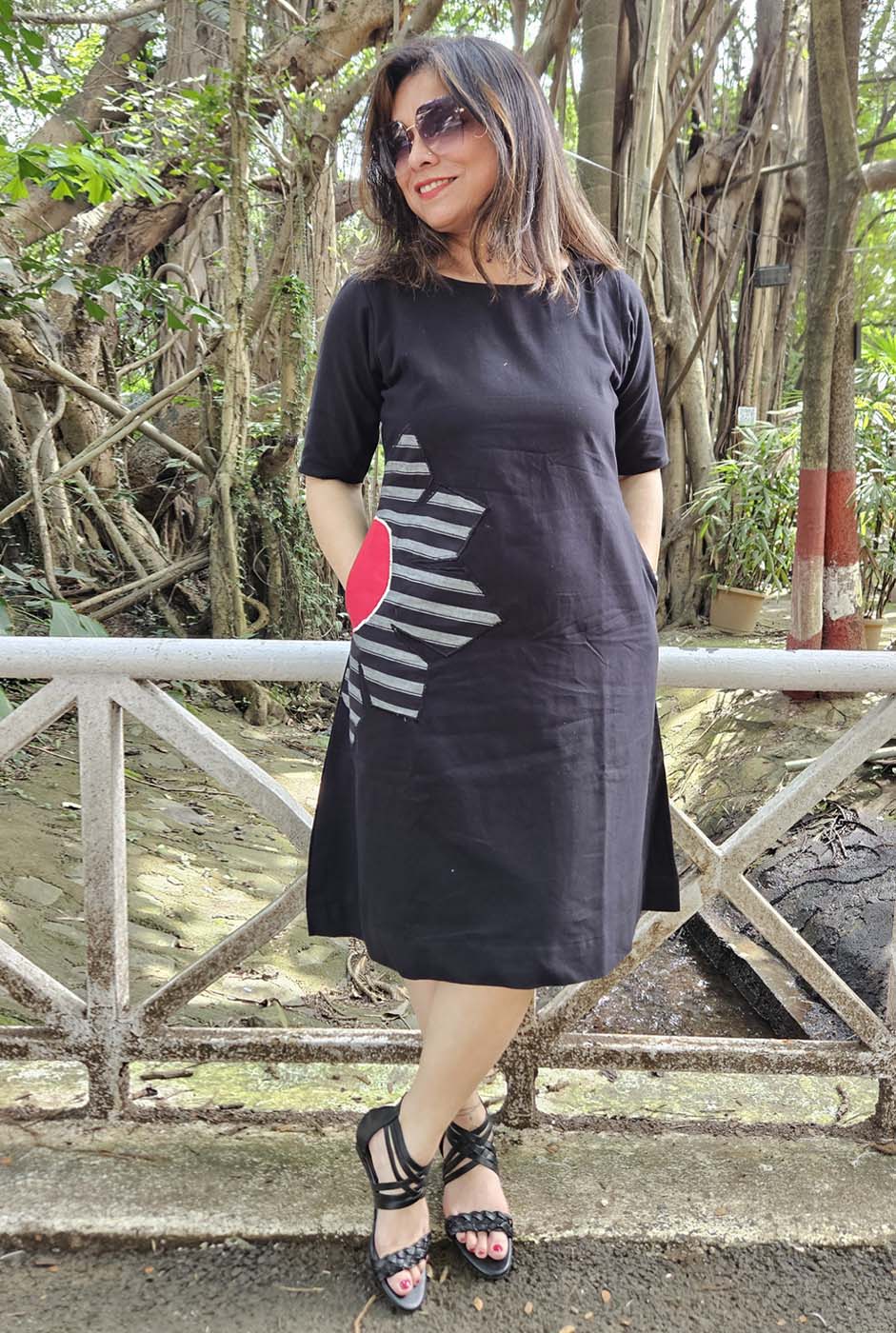 Black Knee-Length Cotton Dress with Patchwork Detailing