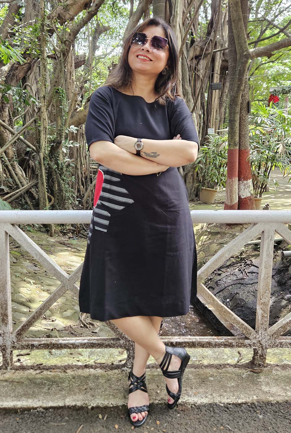 Black Knee-Length Cotton Dress with Patchwork Detailing