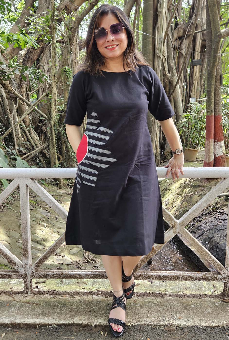 Black Knee-Length Cotton Dress with Patchwork Detailing