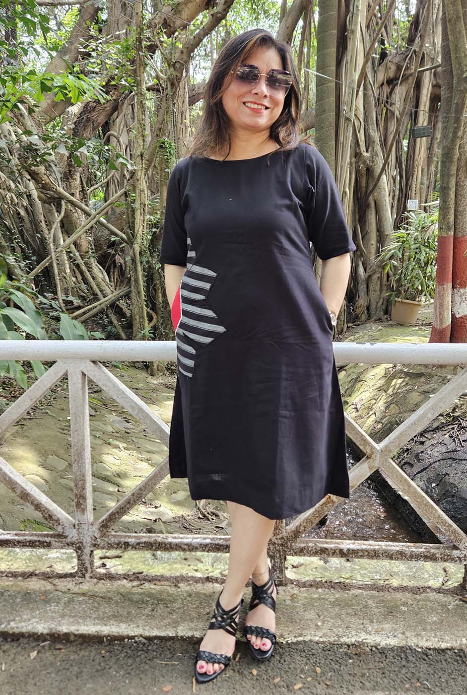 Black Knee-Length Cotton Dress with Patchwork Detailing