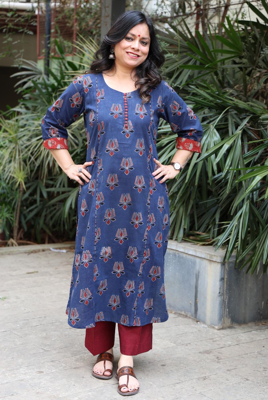 Lotus Block Ajrakh Kurti with Potli & Loop Detailing