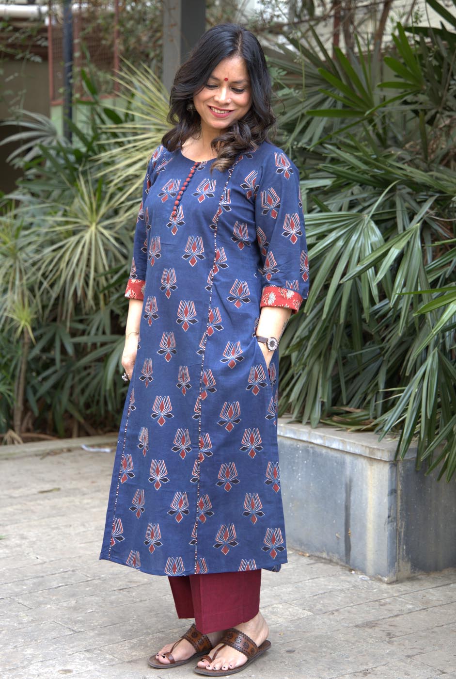 Lotus Block Ajrakh Kurti with Potli & Loop Detailing