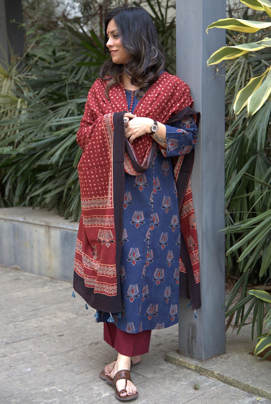 Lotus Block Ajrakh Kurti with Potli & Loop Detailing