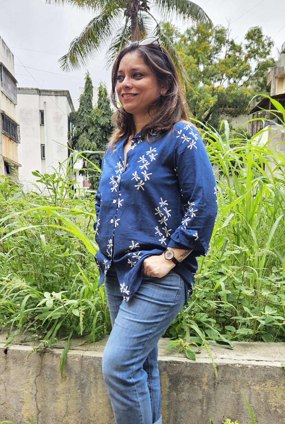Dragonfly Block Blue Handloom Cotton Ajrakh Shirt