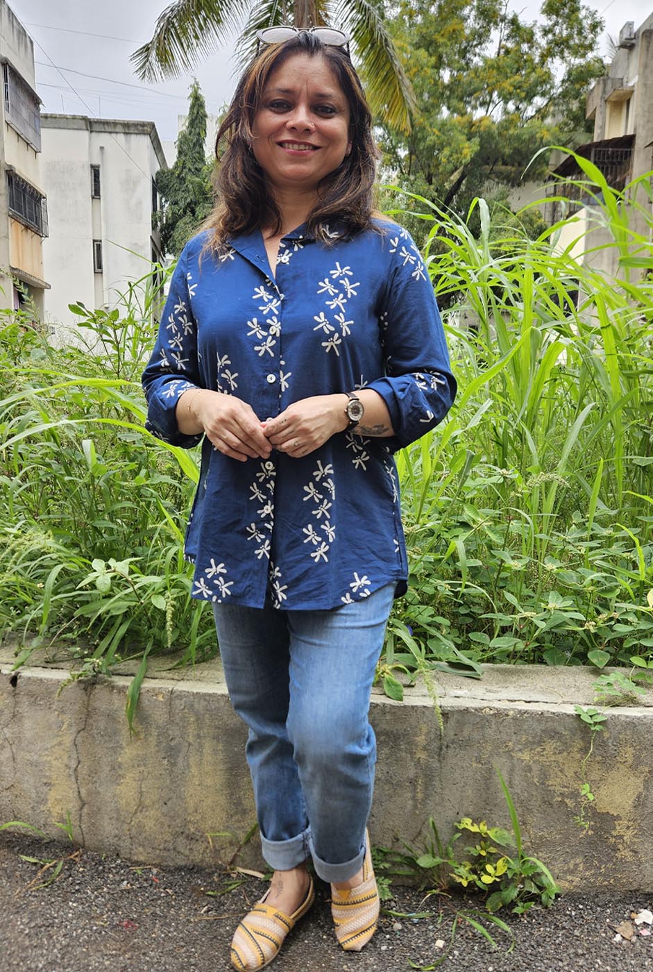 Dragonfly Block Blue Handloom Cotton Ajrakh Shirt