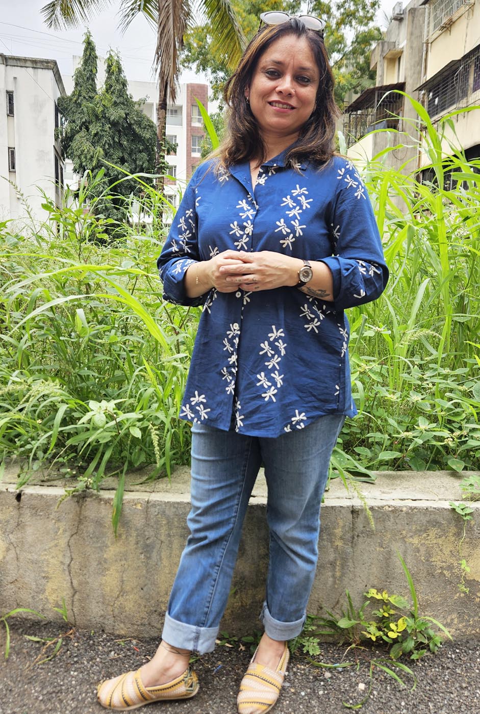 Dragonfly Block Blue Handloom Cotton Ajrakh Shirt