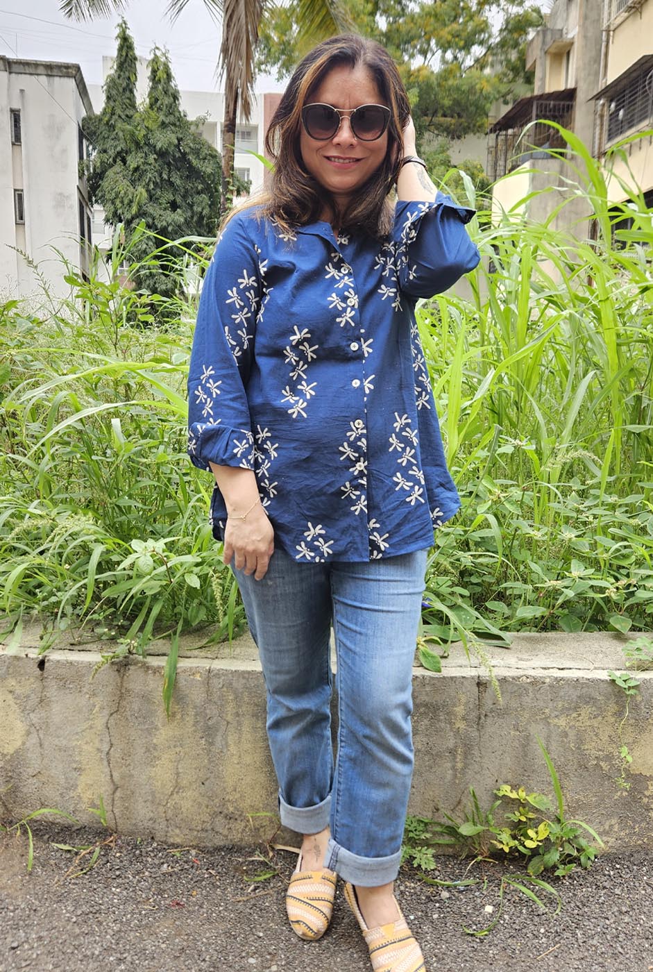 Dragonfly Block Blue Handloom Cotton Ajrakh Shirt