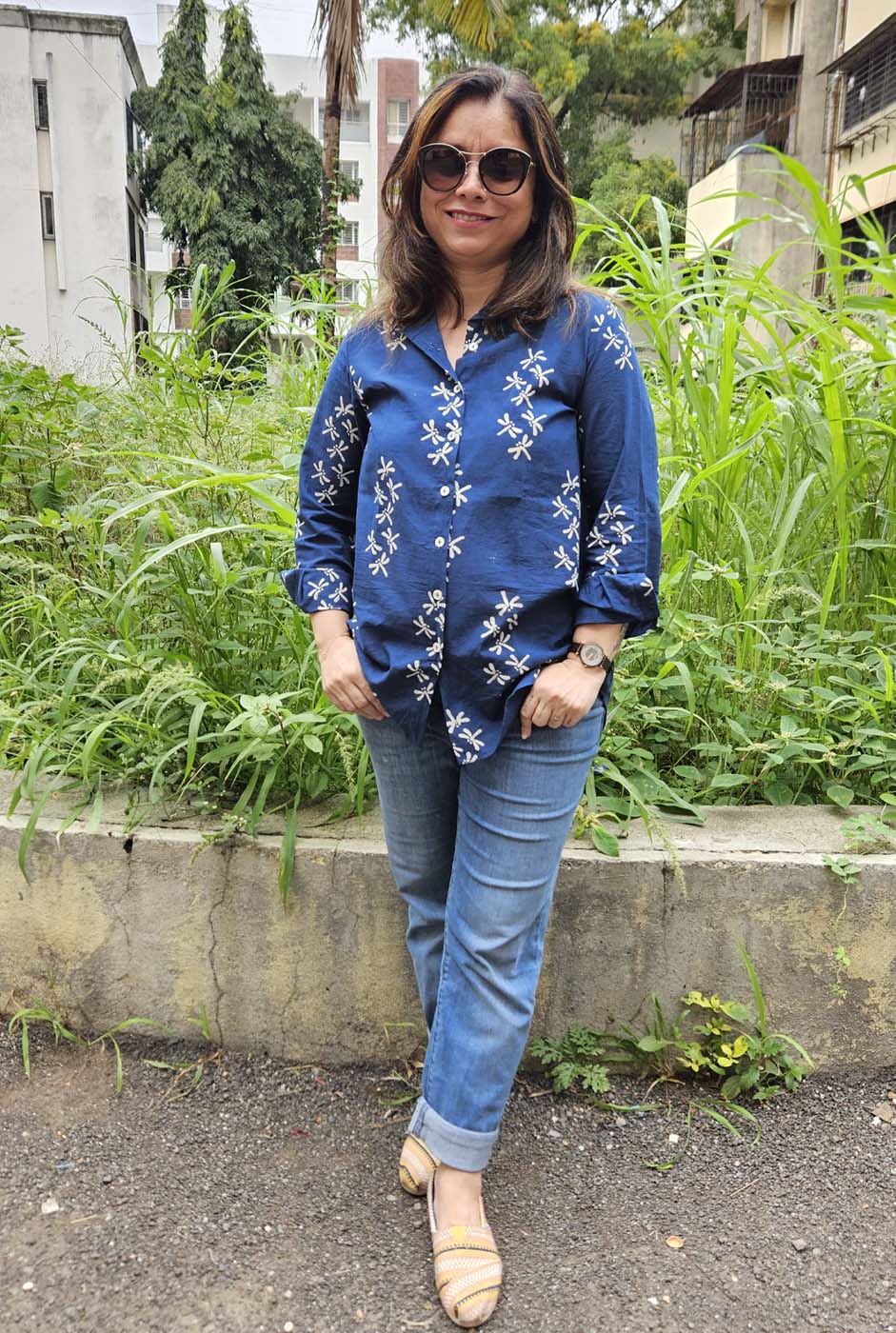 Dragonfly Block Blue Handloom Cotton Ajrakh Shirt