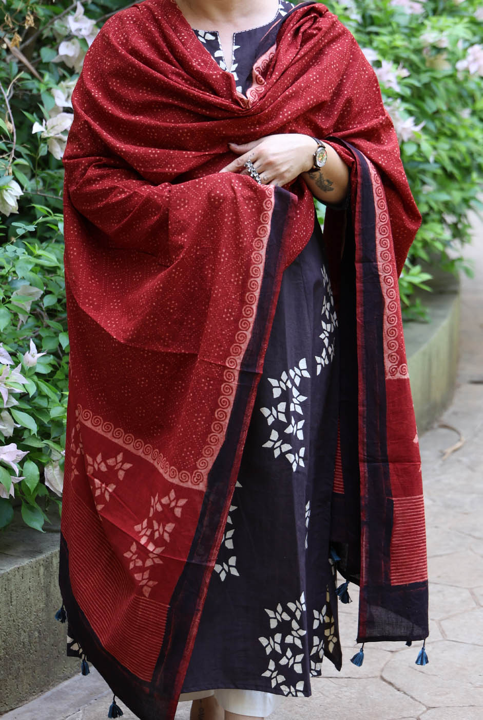 Butterfly Handblock Ajrakh Dupatta