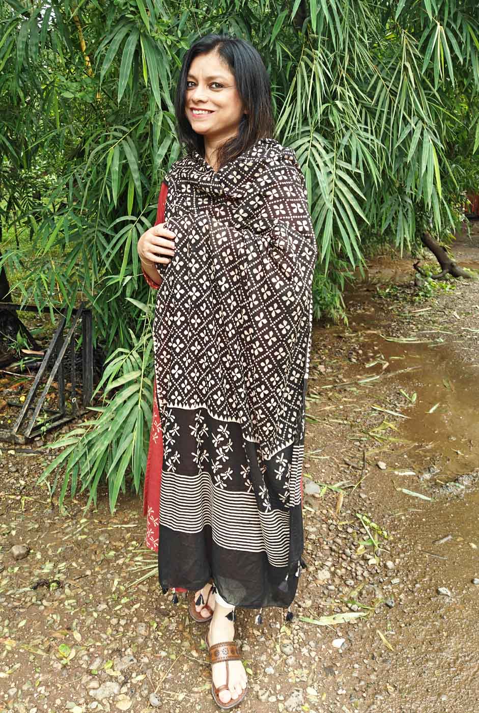 Alahi Maroon Ajrakh A-Line Kalidar Kurta with Dragonfly Block & Hand Kantha Work