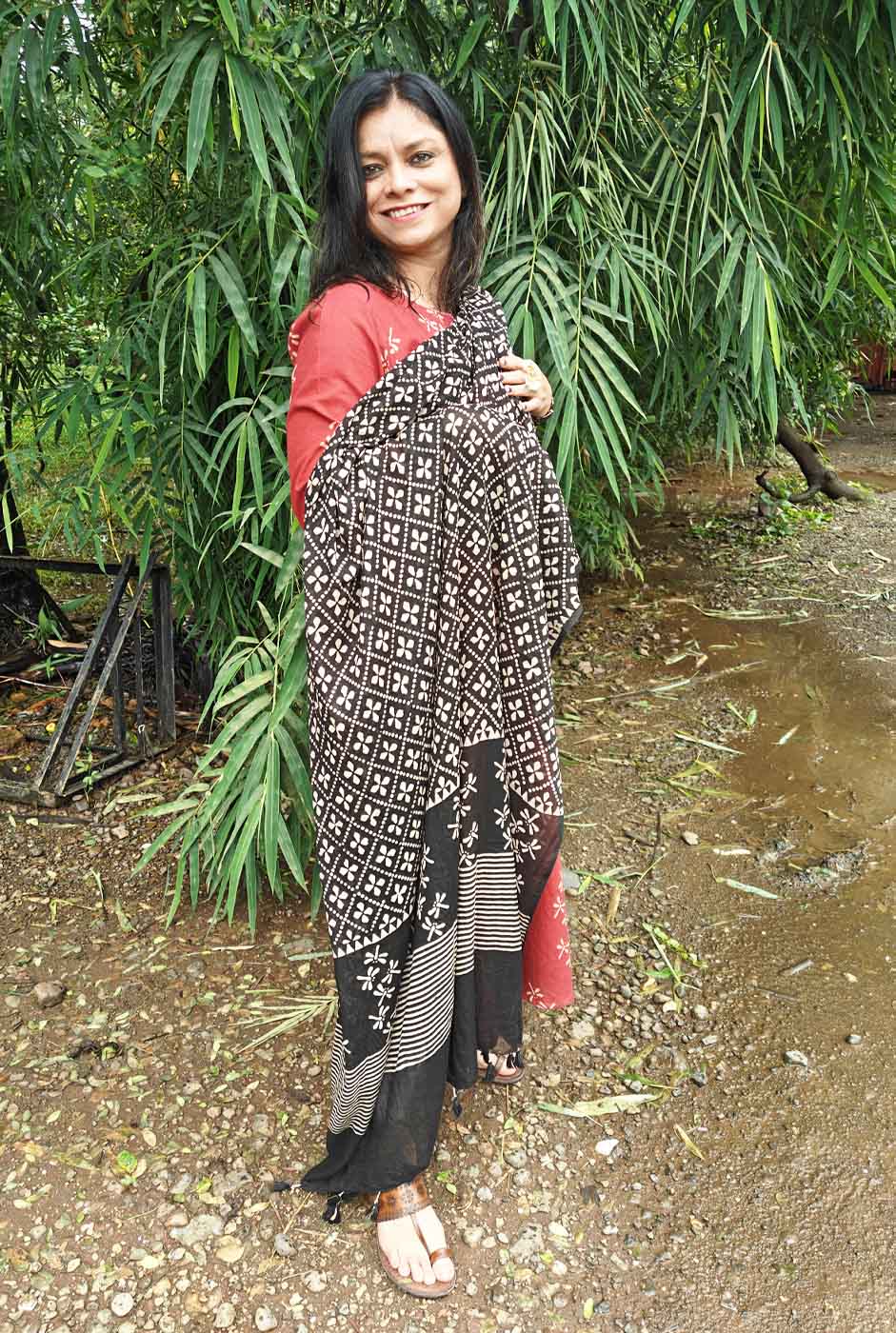 Alahi Maroon Ajrakh A-Line Kalidar Kurta with Dragonfly Block & Hand Kantha Work