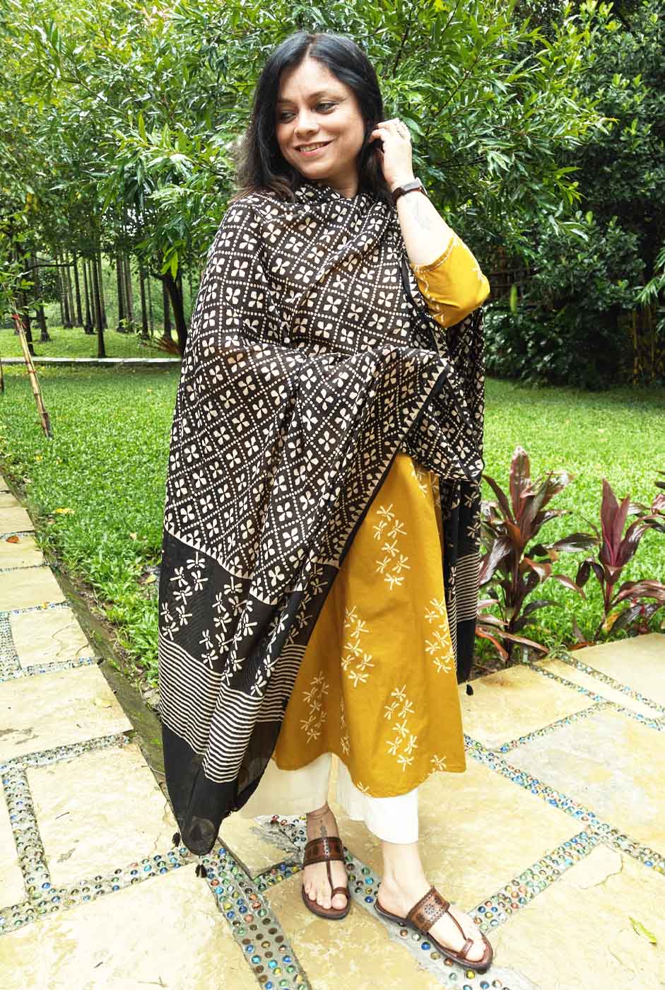 Dragonfly Handblock Ajrakh Black Dupatta