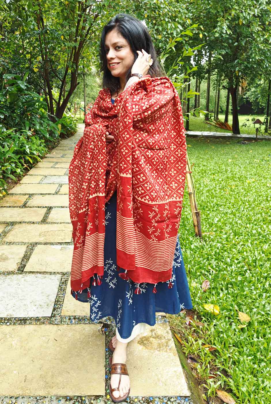 Dragonfly Handblock Ajrakh Maroon Dupatta