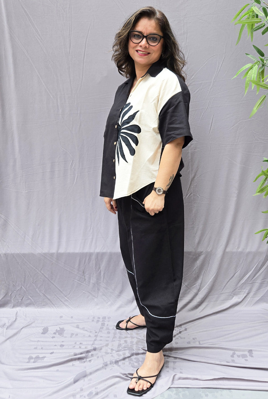 Black & White Petal Cotton Anti Fit Shirt