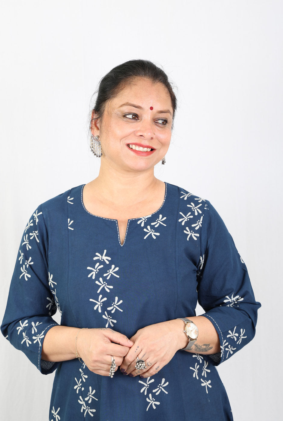 Alahi Blue Ajrakh A-Line Kalidar Kurta with Dragonfly Block