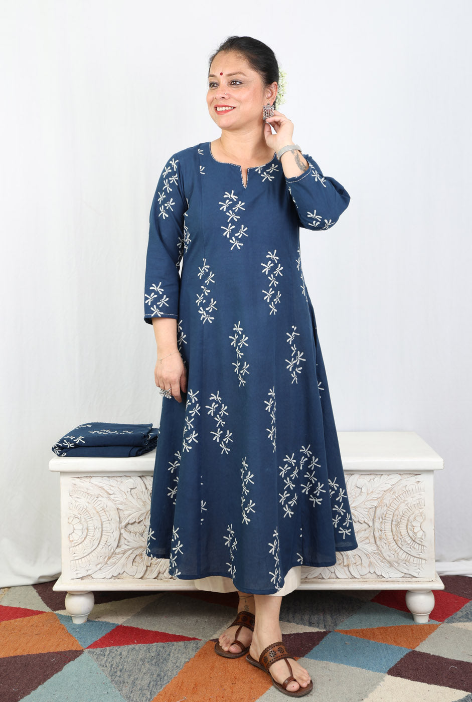 Alahi Blue Ajrakh A-Line Kalidar Kurta with Dragonfly Block