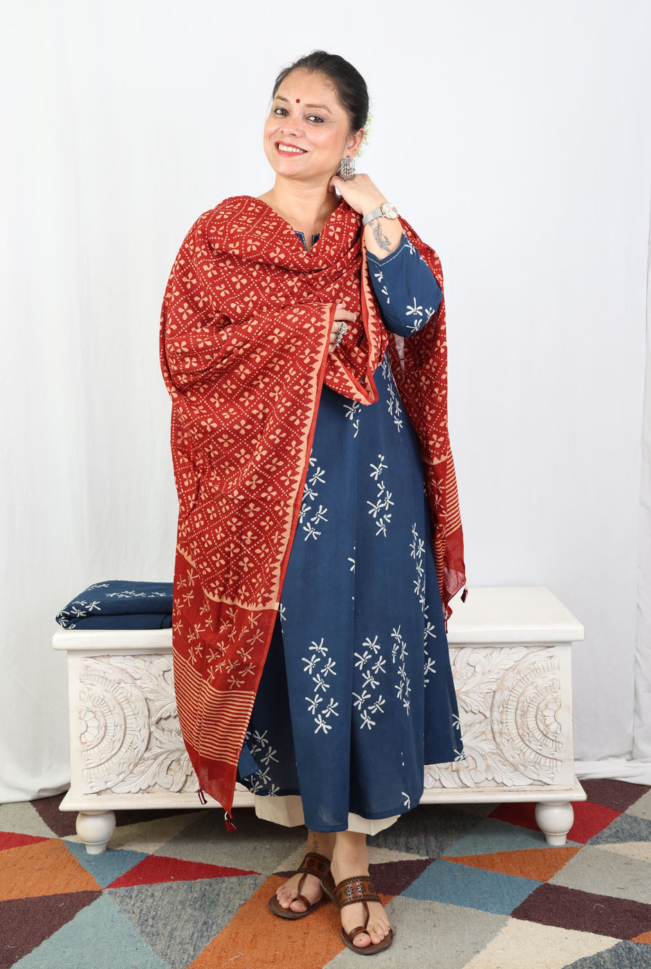 Alahi Blue Ajrakh A-Line Kalidar Kurta with Dragonfly Block