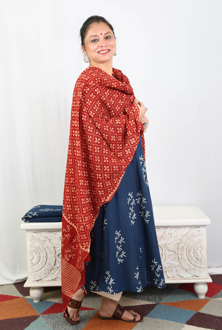 Alahi Blue Ajrakh A-Line Kalidar Kurta with Dragonfly Block