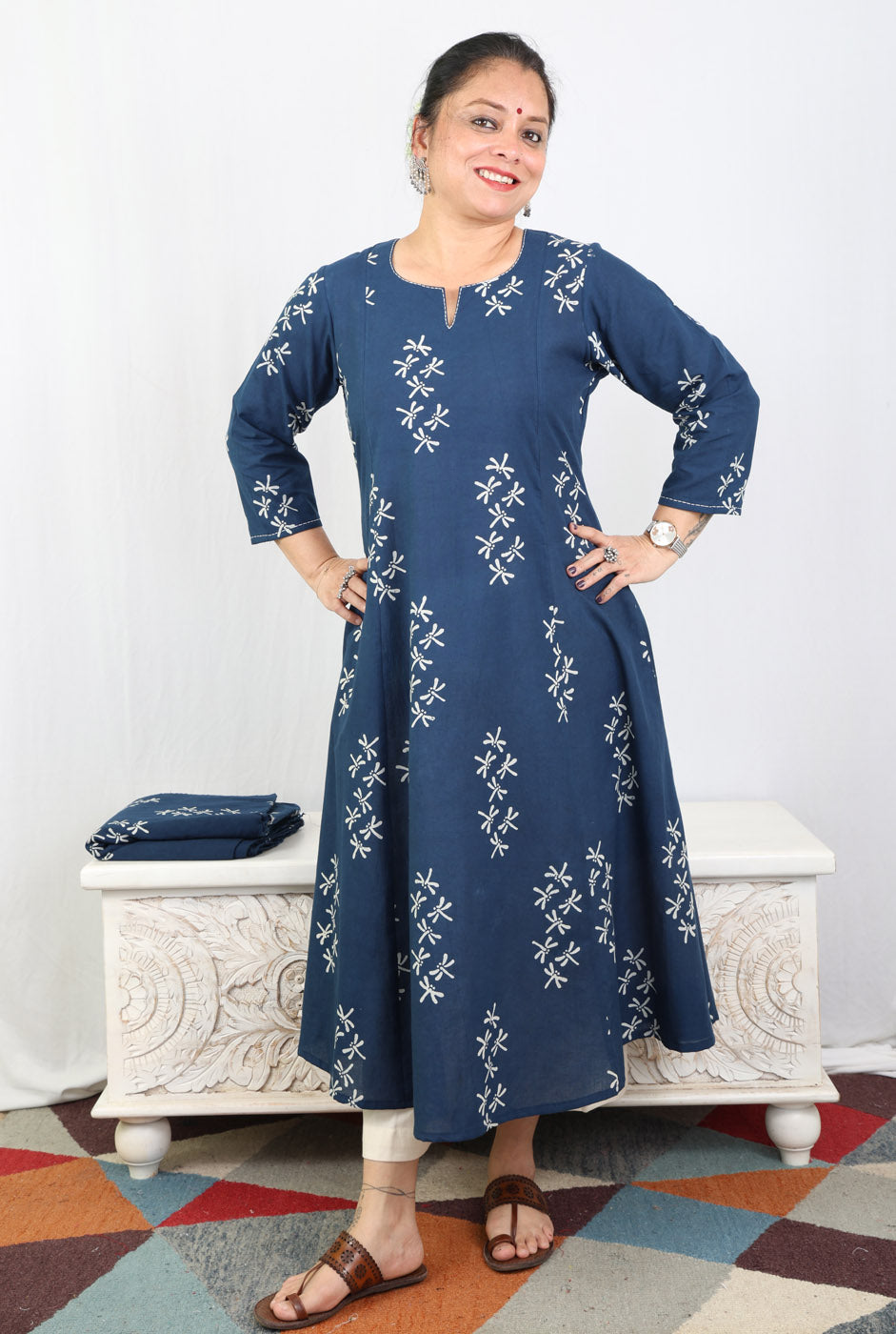 Alahi Blue Ajrakh A-Line Kalidar Kurta with Dragonfly Block