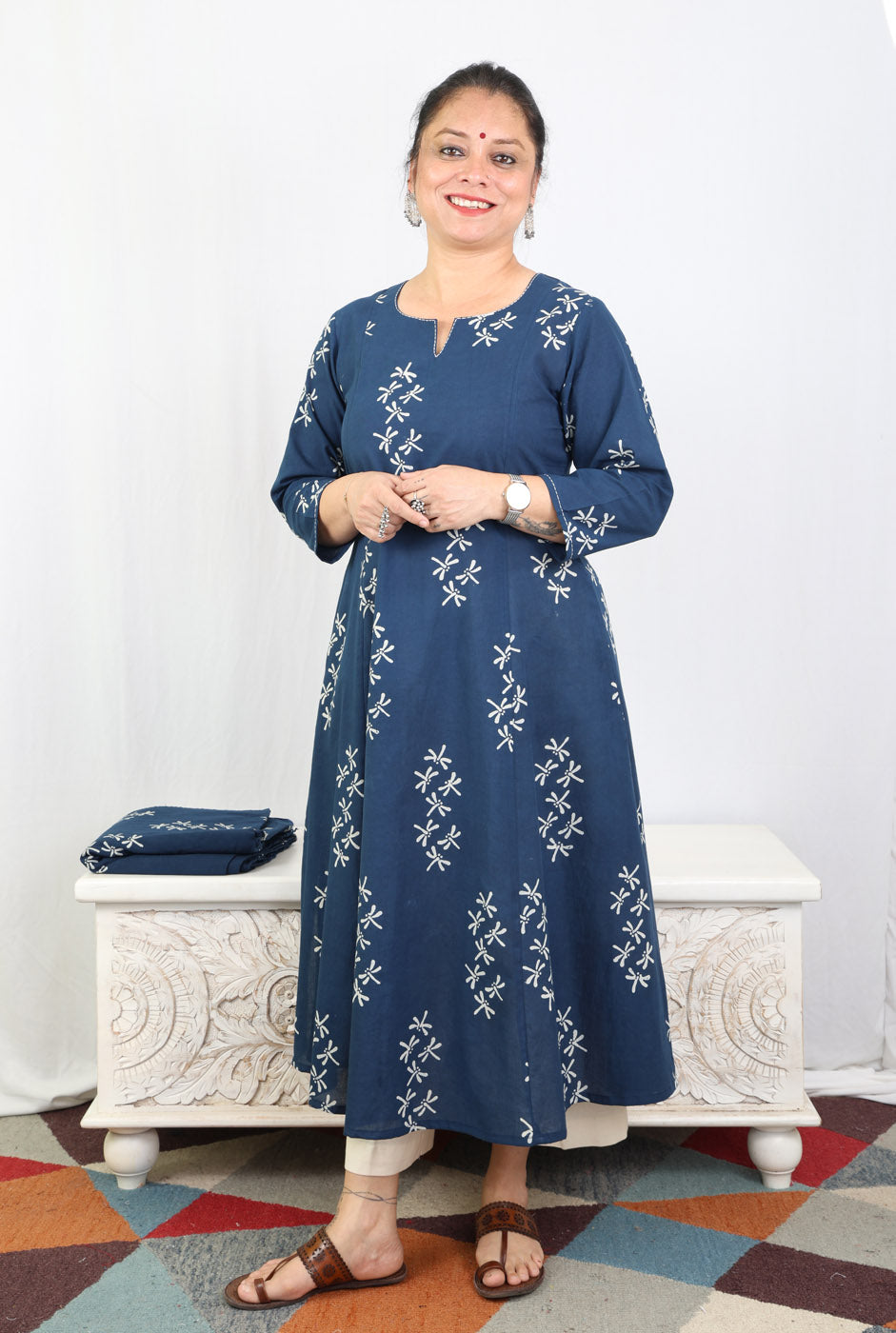 Alahi Blue Ajrakh A-Line Kalidar Kurta with Dragonfly Block