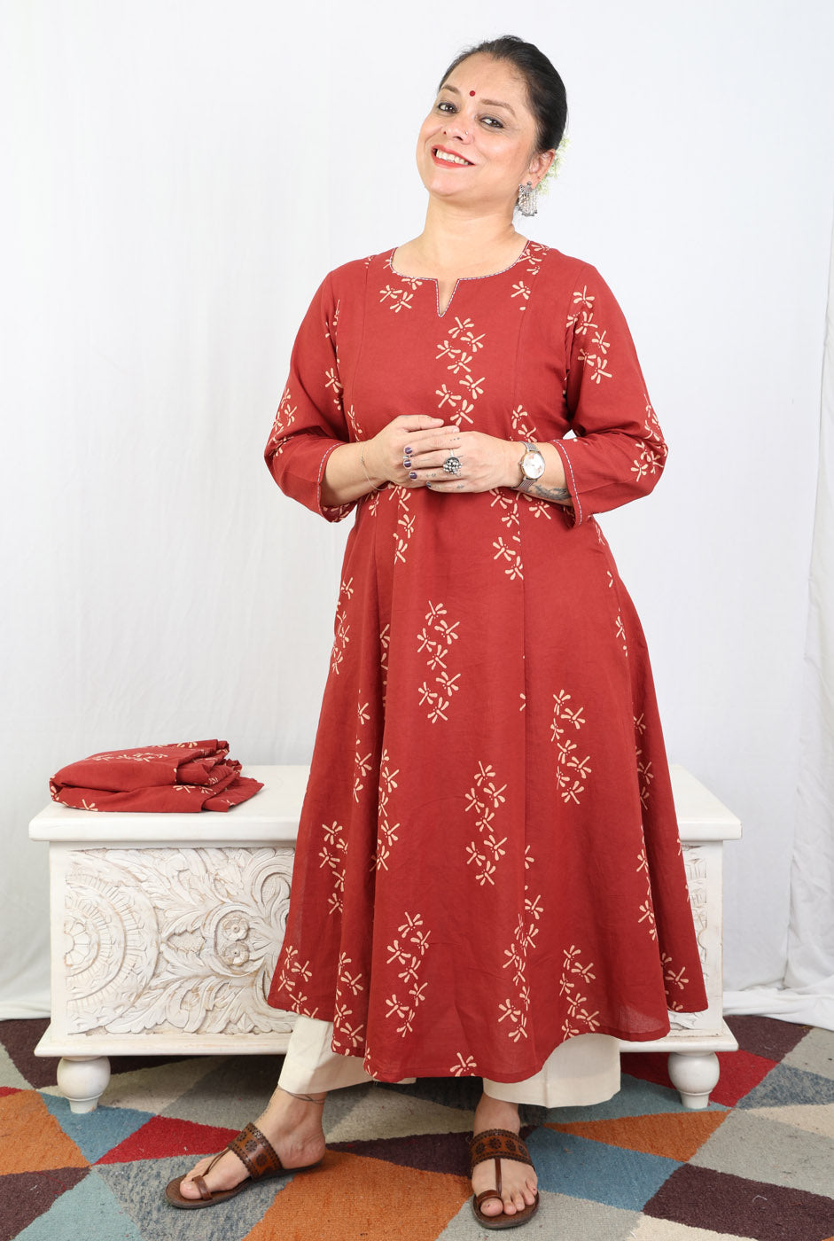 Alahi Maroon Ajrakh A-Line Kalidar Kurta with Dragonfly Block & Hand Kantha Work