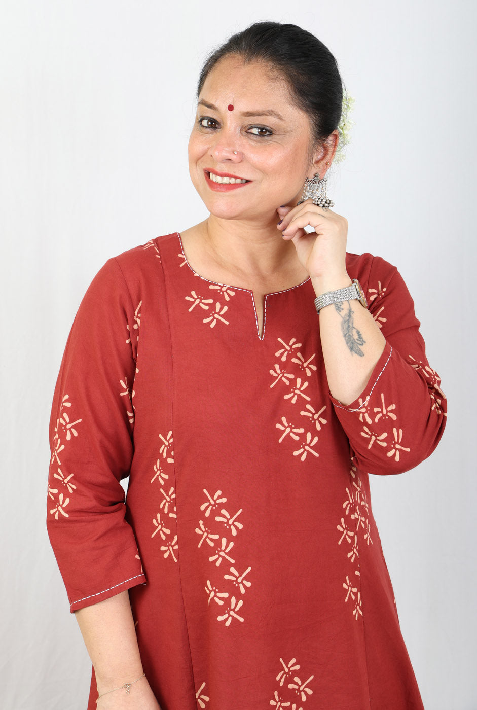 Alahi Maroon Ajrakh A-Line Kalidar Kurta with Dragonfly Block & Hand Kantha Work