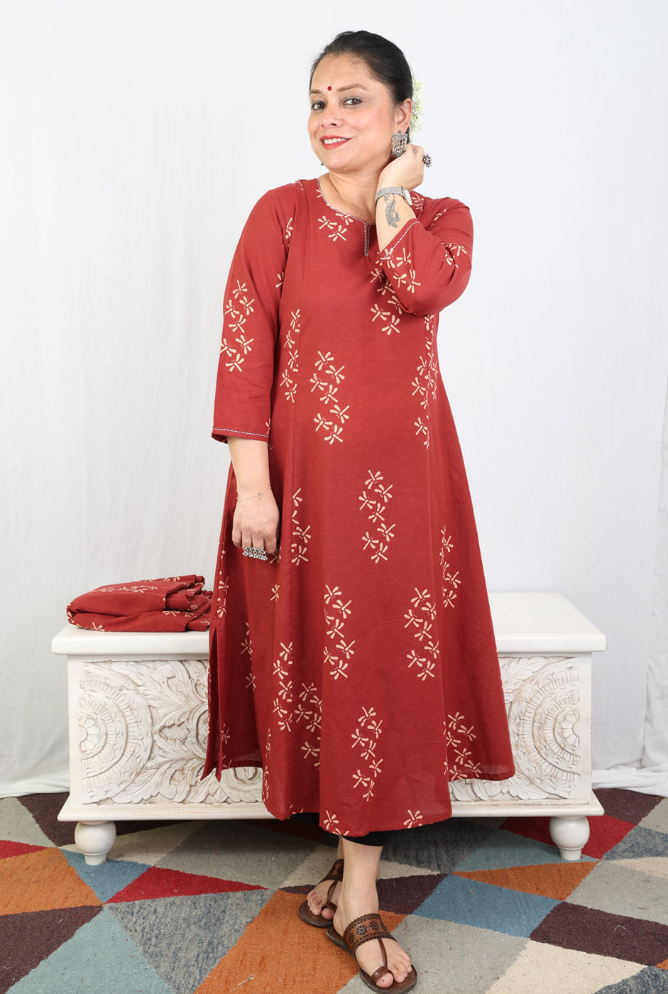 Alahi Maroon Ajrakh A-Line Kalidar Kurta with Dragonfly Block & Hand Kantha Work