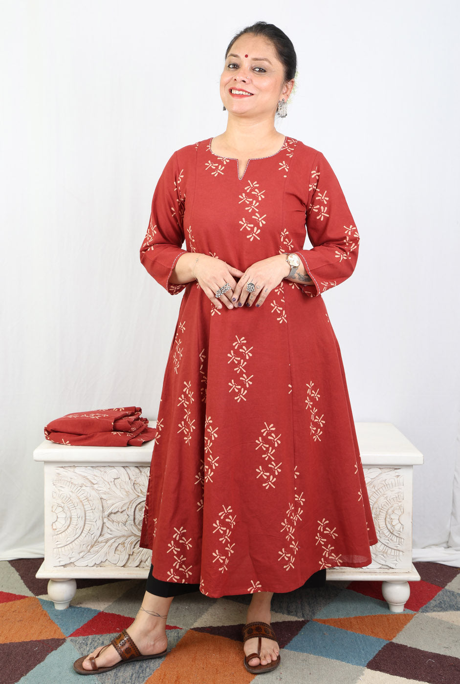 Alahi Maroon Ajrakh A-Line Kalidar Kurta with Dragonfly Block & Hand Kantha Work